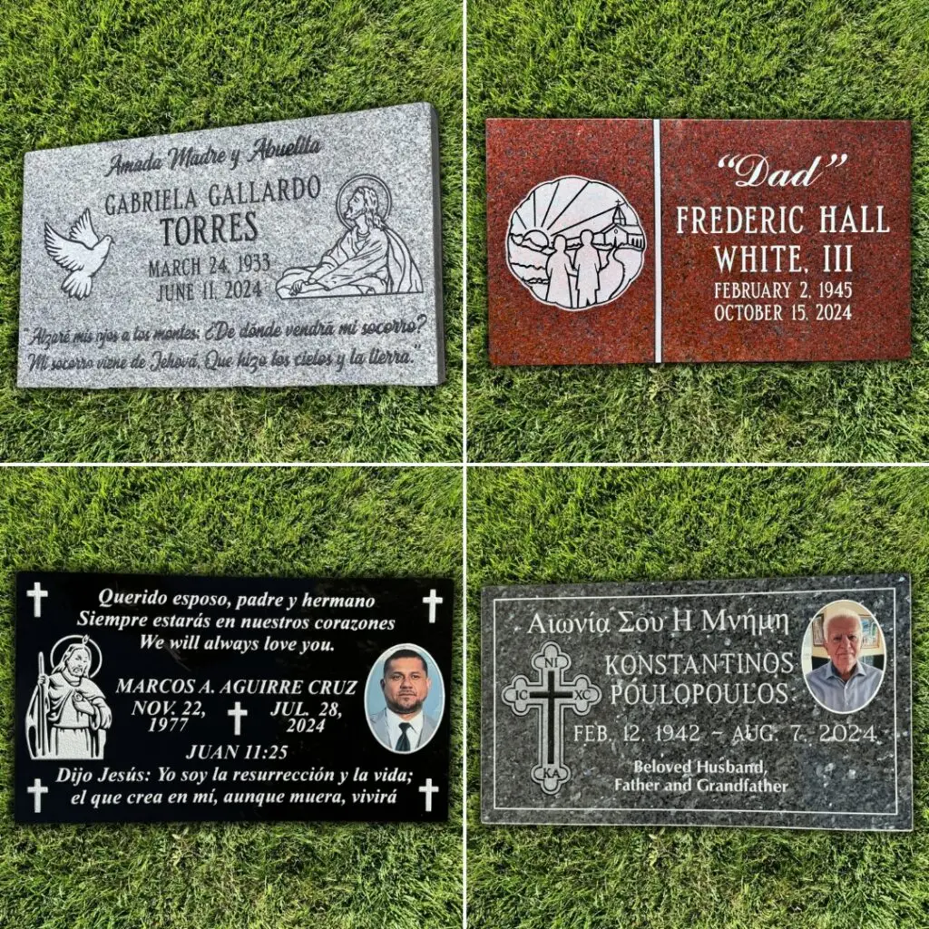 Custom granite and bronze memorial headstones with engraved names, portraits, and religious symbols, delivered to Rose Hills Memorial Park.