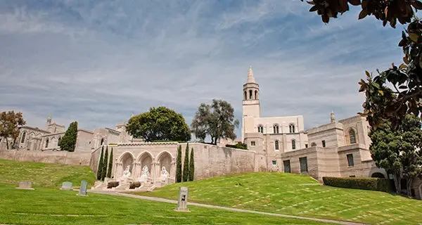 Beautiful architecture and landscaped grounds at Forest Lawn Memorial Park in Glendale, CA.