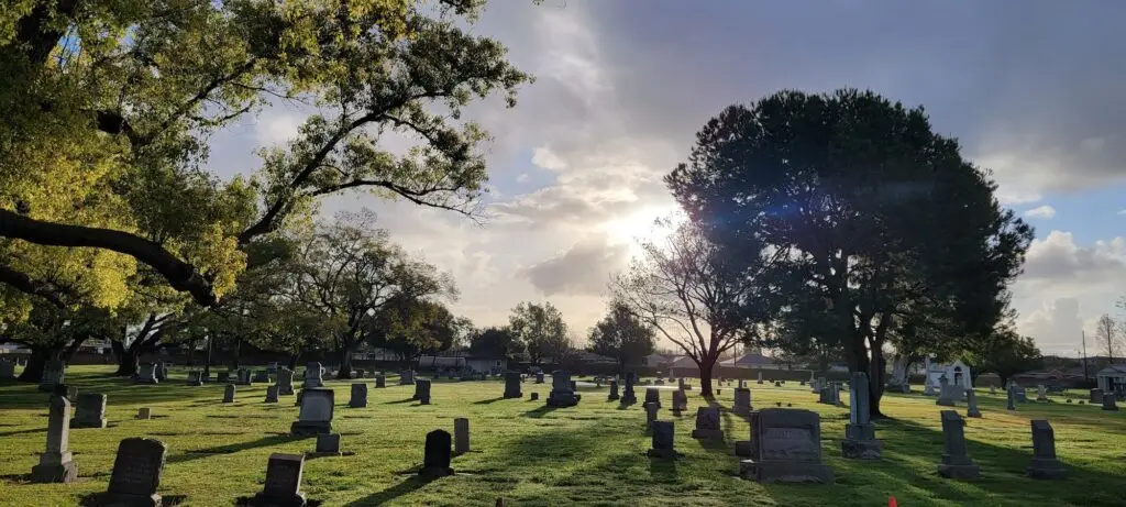 Scenic view of Anaheim Cemetery showcasing gravestones under the soft light of sunrise, surrounded by lush greenery and historic ambiance.