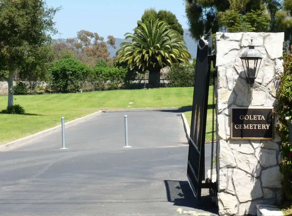 Entrance to Goleta Cemetery District in Santa Barbara, California, featuring peaceful and well-maintained grounds.