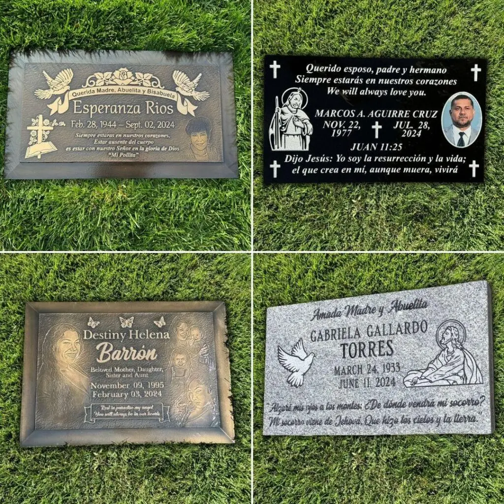 A collection of custom granite and bronze headstones crafted for families at Holy Cross Cemetery, showcasing personalized designs and engravings.