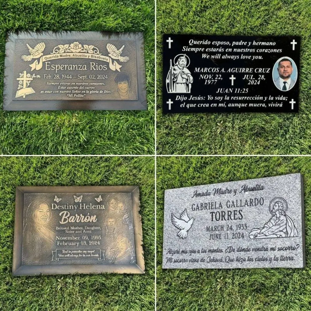 Collage of customized granite and bronze headstones at Santa Ana Cemetery
