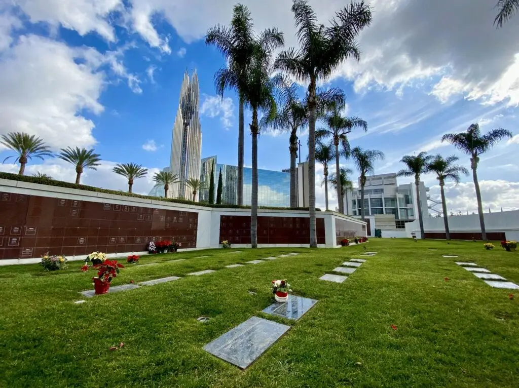 Beautiful view of Christ Cathedral Memorial Gardens, featuring well-maintained grounds and memorial plaques.