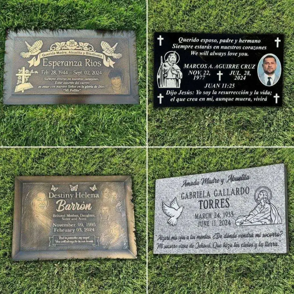 Collection of custom granite and bronze headstones at Oak Hill Cemetery District, showcasing engraved plaques and personalized memorials.