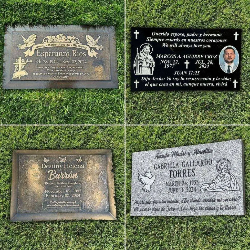 Custom engraved headstones and bronze plaques for Pierce Brothers Valley Oaks Memorial Park in Westlake Village, CA. High-quality granite and bronze memorials.