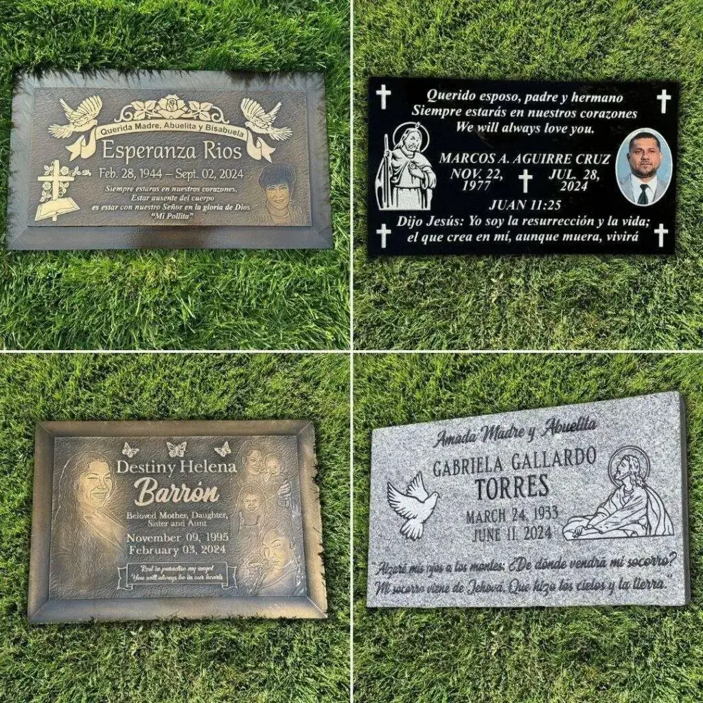 Custom granite and bronze headstones at Green Hills Memorial Park, Rancho Palos Verdes, CA