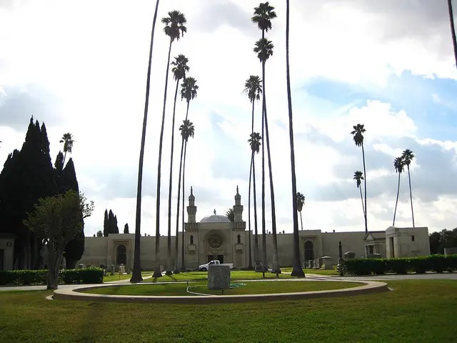 A scenic view of Home of Peace Memorial Park & Mortuary in Los Angeles, featuring elegant palm trees and historic mausoleums.