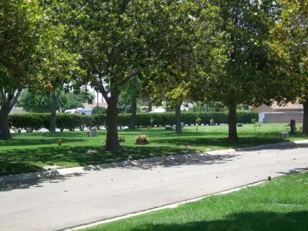 Serene landscape at Magnolia Memorial Park and An Lac Mortuary, featuring lush green lawns and shaded walkways.