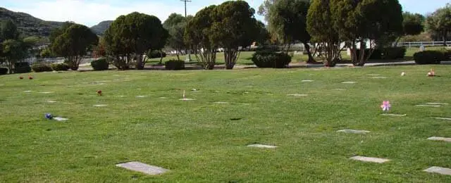 Serene green lawn burial area at Murrieta Valley Cemetery District, featuring flat grave markers and well-maintained landscaping.