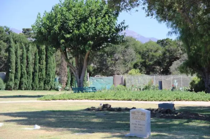 Scenic view of Oak Park Cemetery in Claremont, CA, featuring lush greenery, historic headstones, and a peaceful atmosphere.