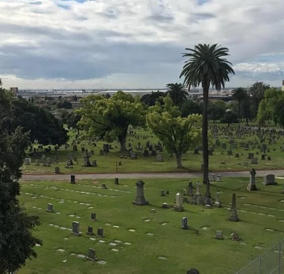 Scenic view of Odd Fellows Cemetery in Los Angeles, CA, featuring green landscapes, historic headstones, and peaceful surroundings.