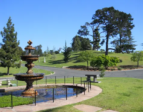 Beautiful fountain and lush greenery at Santa Barbara Cemetery, providing a peaceful and serene setting for remembrance.