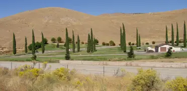 Tehachapi Eastside Cemetery landscape with rolling hills, cypress trees, and a peaceful memorial setting under a clear blue sky.
