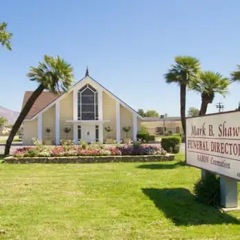 Exterior view of Mark B. Shaw Funeral Directors, home of Aaron Cremation & Burial Services in San Bernardino.