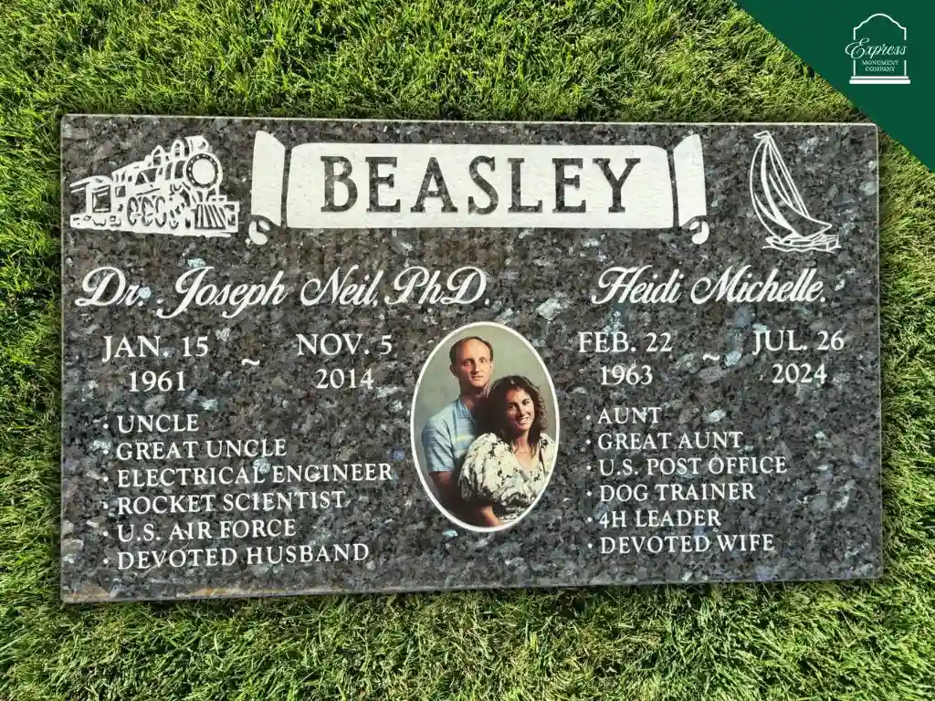 flat granite double headstone with polished finish and dual name inscriptions