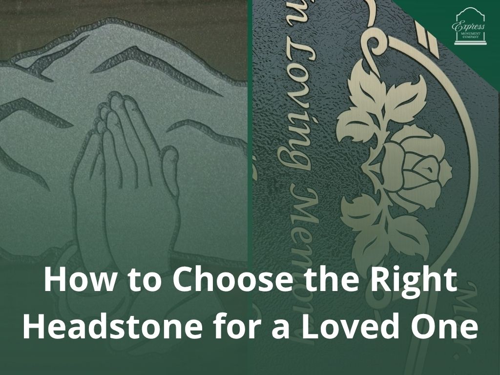 Custom headstone design detail with praying hands and rose engraving – Express Monument Company