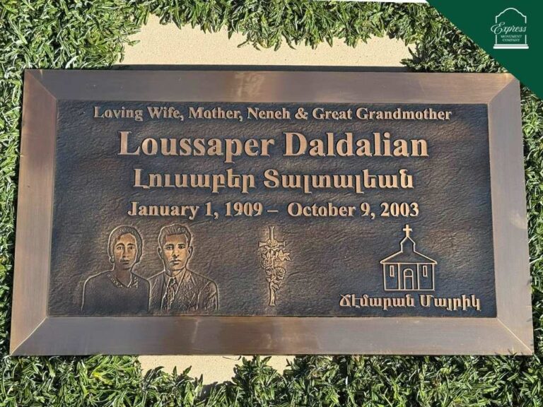 Bronze memorial for Forest Lawn Covina Hills with Armenian inscriptions and custom religious design