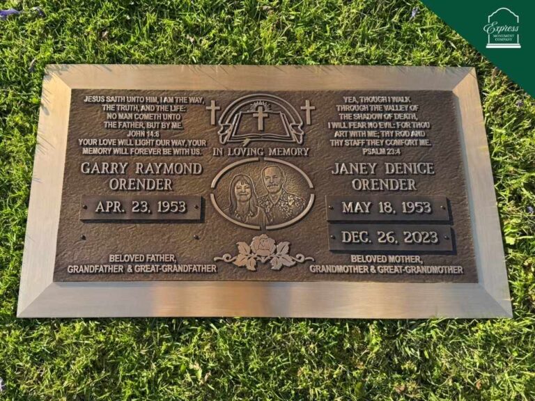 Custom double bronze headstone for Forest Lawn Covina Hills with engraved portraits and Bible verses