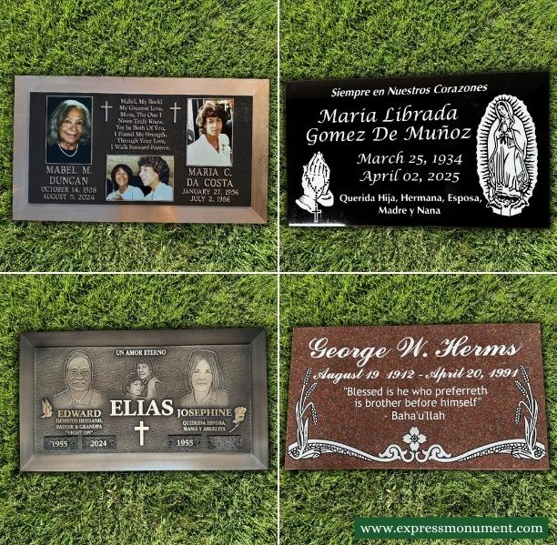Custom bronze and granite headstones designed by Express Monument Company for families at Pacific View Memorial Park in Corona Del Mar, California.