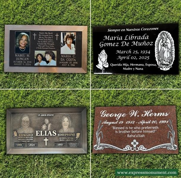 Custom bronze and granite headstones with engraved portraits and religious designs installed at Oak Hill Memorial Park in Escondido, California.