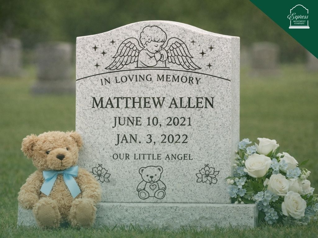 Infant headstone made of light granite with praying angel engraving, teddy bear motif, and floral decorations.