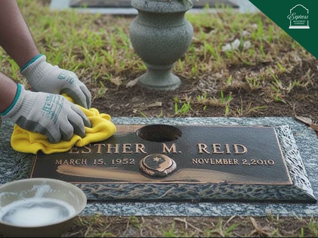 cleaning a bronze headstone using a soft cloth and mild soap
