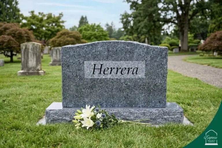 Gray granite upright headstone with Herrera family name in cemetery setting