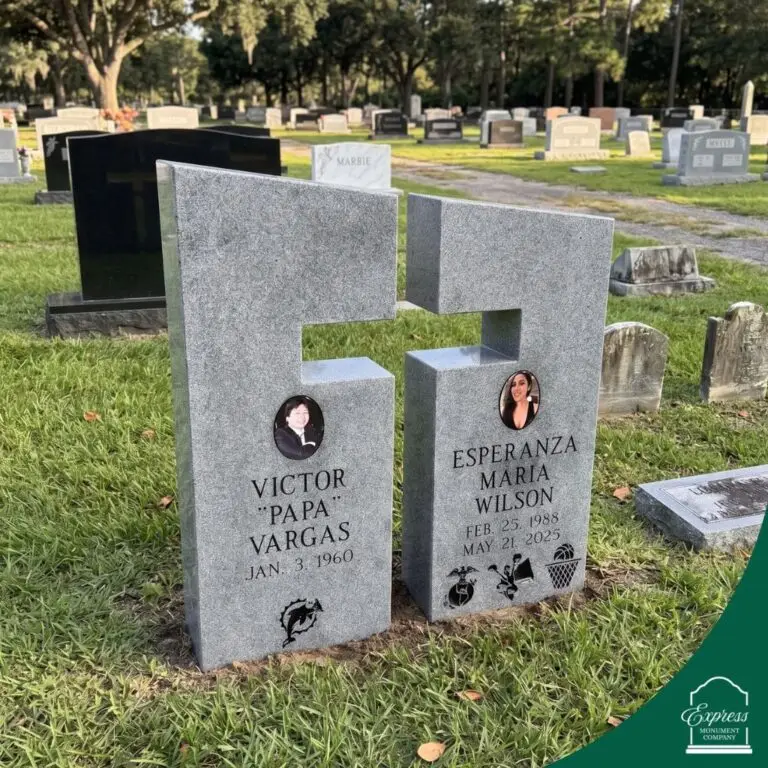 Gray granite companion upright monument for Victor Vargas and Esperanza Maria Wilson with portraits