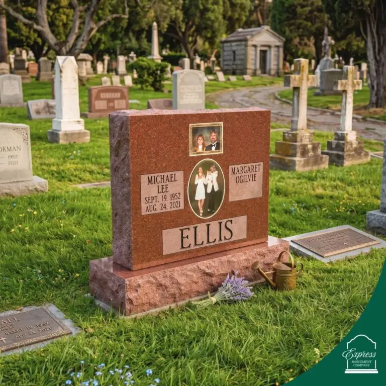Red granite upright family monument for Ellis family with ceramic portraits